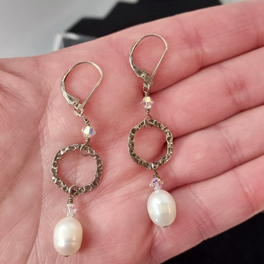 Freshwater Pearl Sterling Leverback Drop Earrings 10mm White 2" Hammered